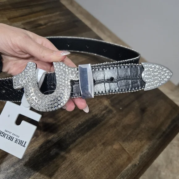 NWT True Religion Black Moc Croc Rhinestone Horseshoe Belt